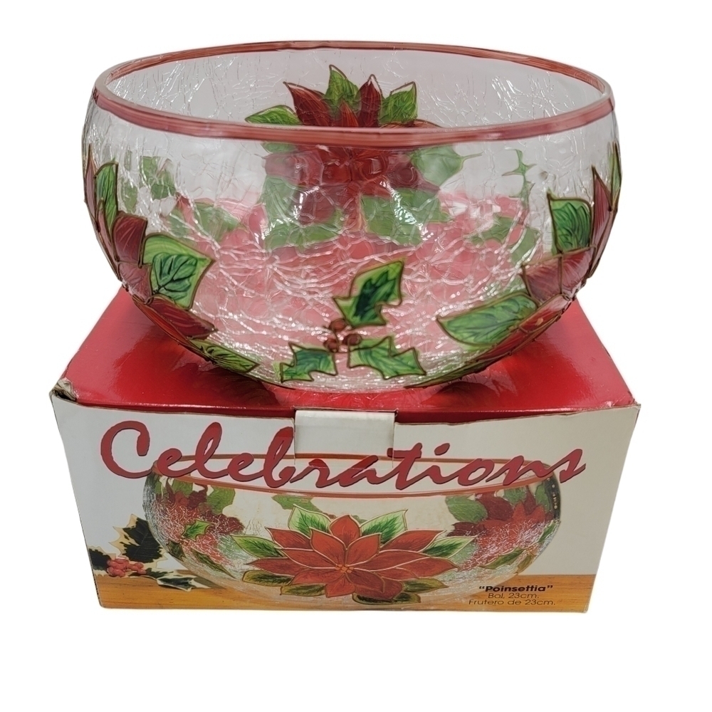 Celebration Pointsettia Mouthblown, Hand Painted, Cracked Glass 9" Salad Bowl